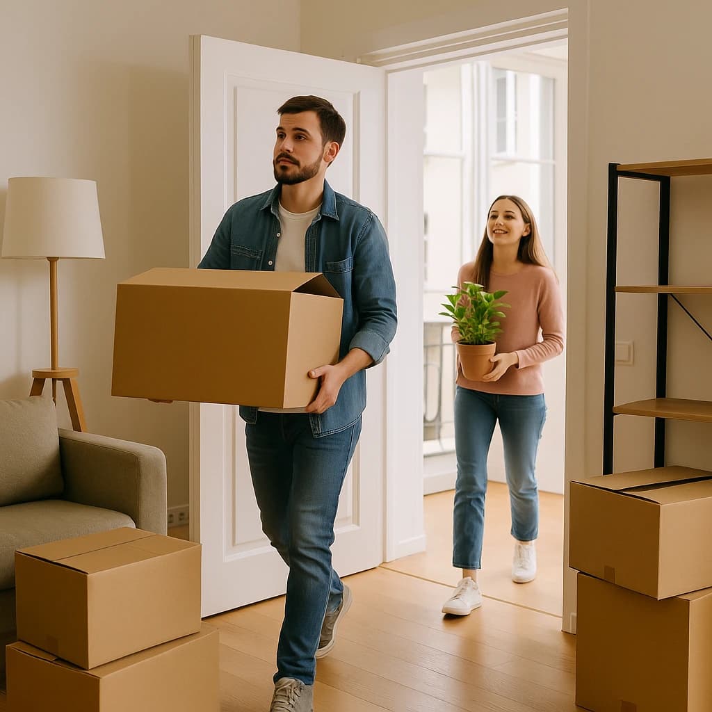 Umzugskartons und Möbel im neuen Zuhause